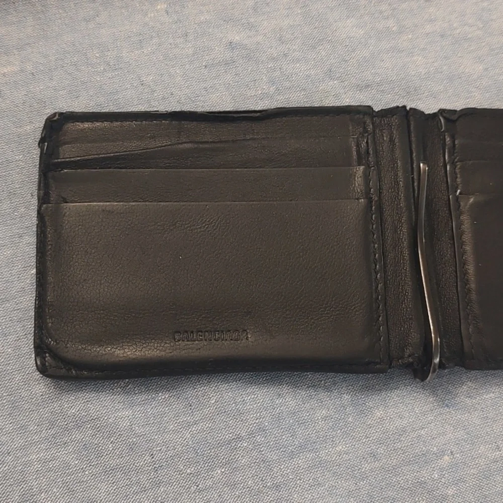 Balenciaga Bi-fold Leather Card Holder W/ Money Clip -Black- Used-See Photos